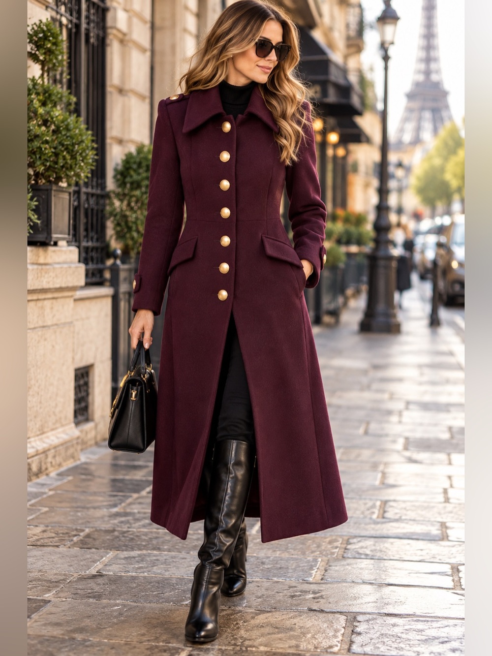 Avec Les Filles NWT Merlot Wool Blend Military Long Coat Size Small